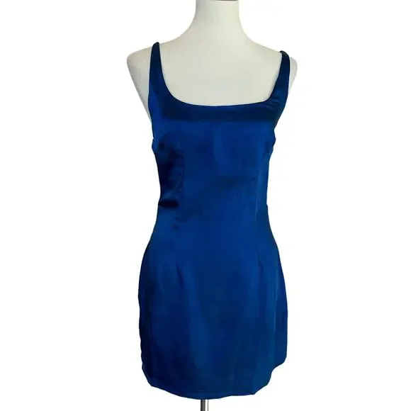 Revolve Blue Satin Mini Slip Dress LARGE Backless Cocktail More to Come $64 NEW - Picture 4 of 7